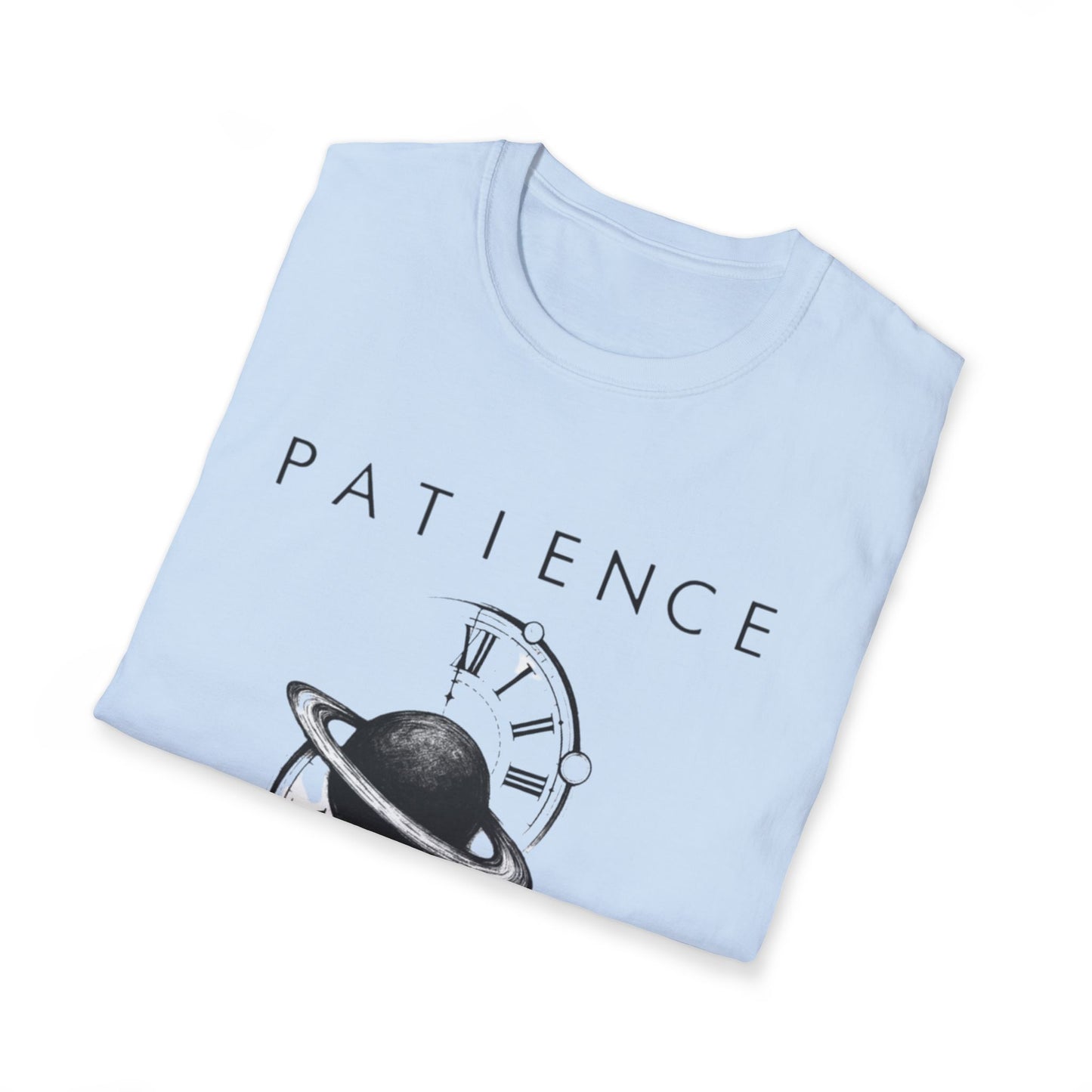 Both Side Design Patience Planet T-Shirt — Minimalist Saturn Clock Graphic Tee