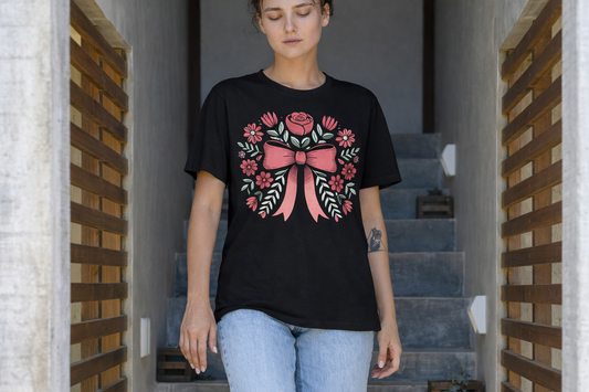 Floral Bow Tee β Pink Rose & Daisies Graphic T-Shirt