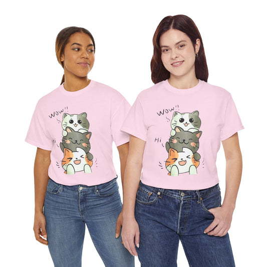 Cat Stack T-Shirt — Cute Kawaii Cats "Hi" Graphic Tee