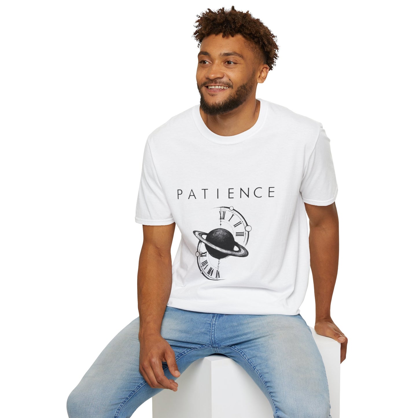 Both Side Design Patience Planet T-Shirt — Minimalist Saturn Clock Graphic Tee