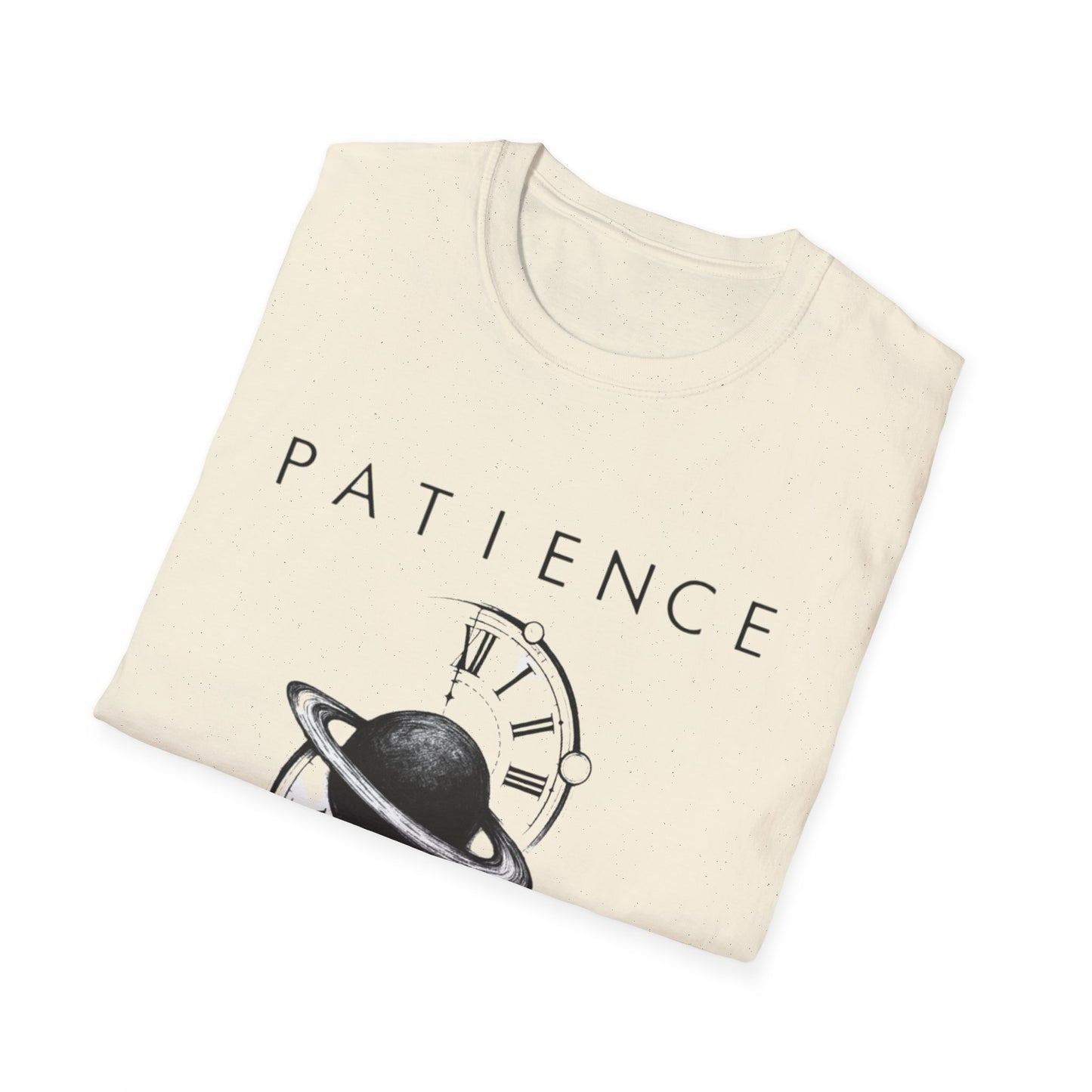 Both Side Design Patience Planet T-Shirt — Minimalist Saturn Clock Graphic Tee