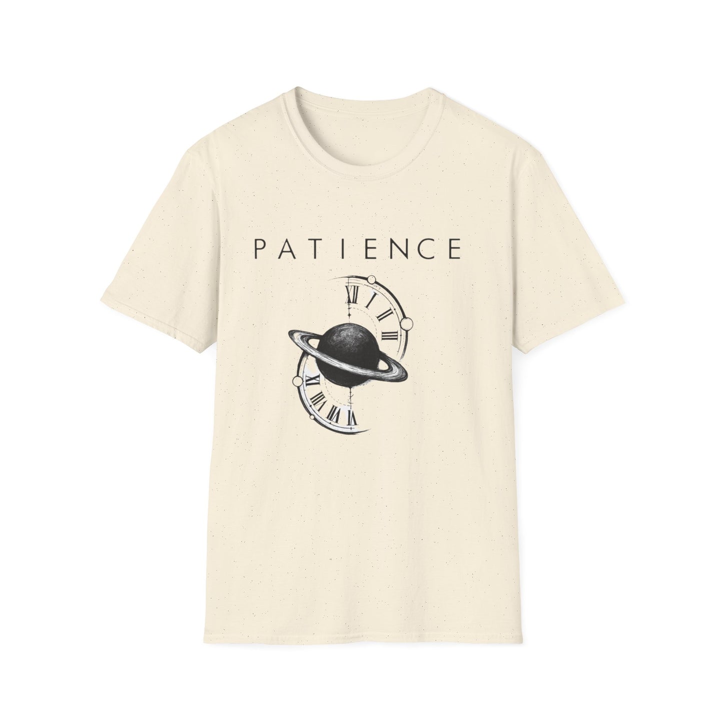 Both Side Design Patience Planet T-Shirt — Minimalist Saturn Clock Graphic Tee