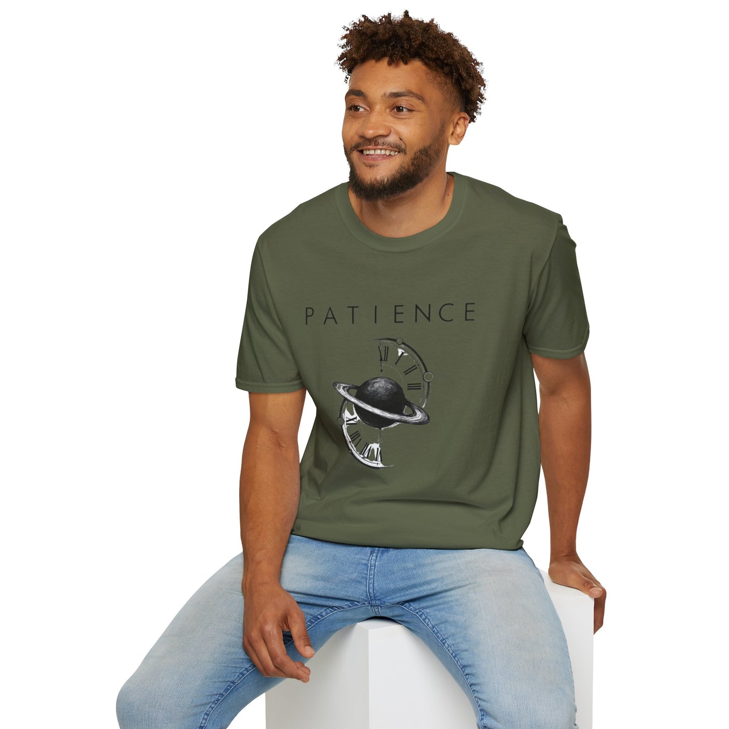 Both Side Design Patience Planet T-Shirt — Minimalist Saturn Clock Graphic Tee