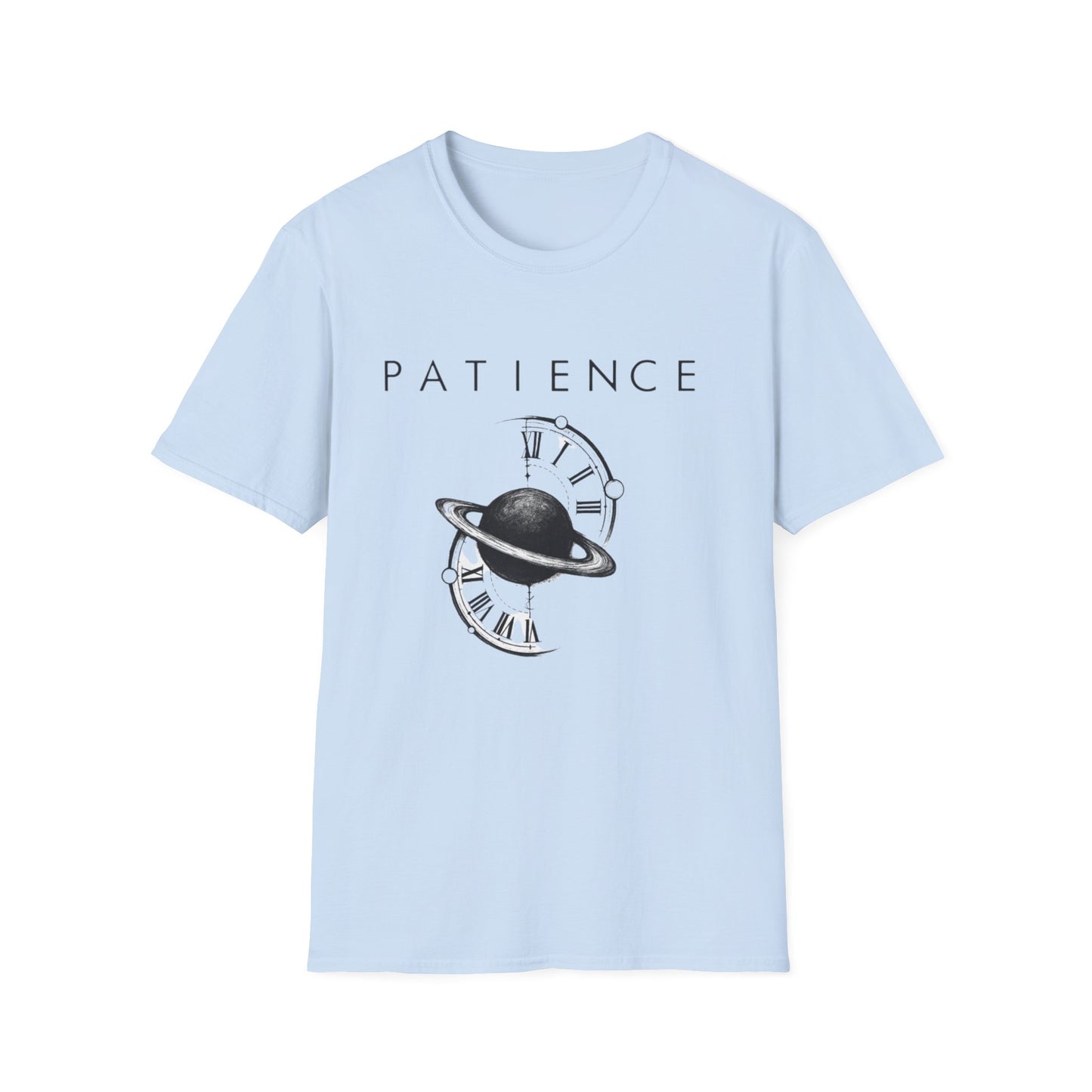 Both Side Design Patience Planet T-Shirt — Minimalist Saturn Clock Graphic Tee