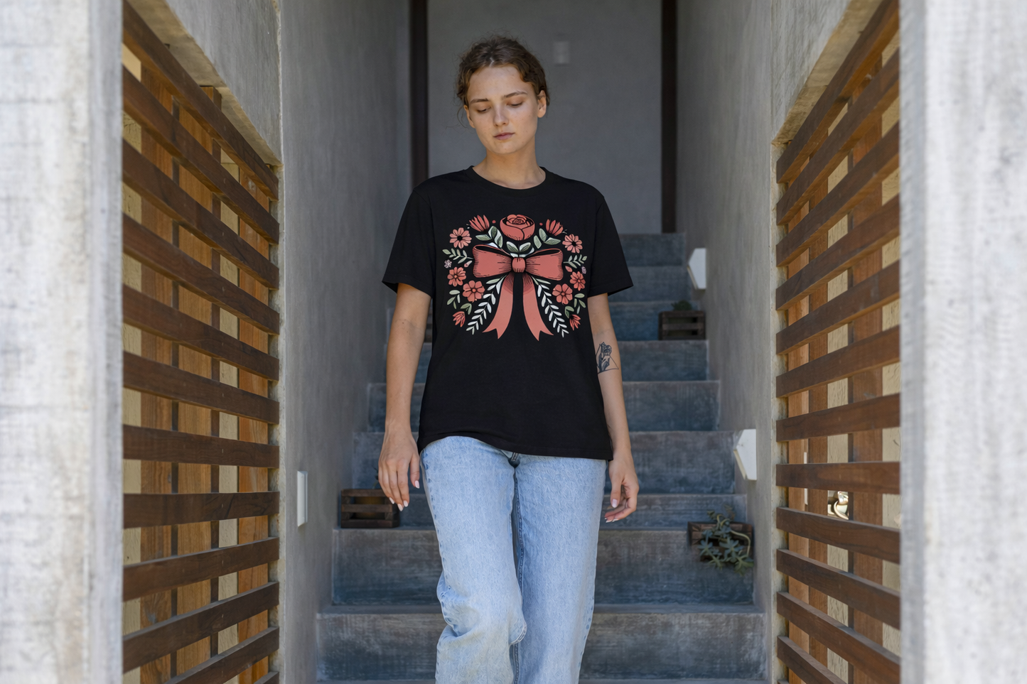 Floral Bow Tee — Pink Rose & Daisies Graphic T-Shirt