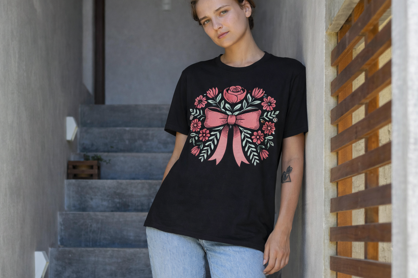 Floral Bow Tee — Pink Rose & Daisies Graphic T-Shirt