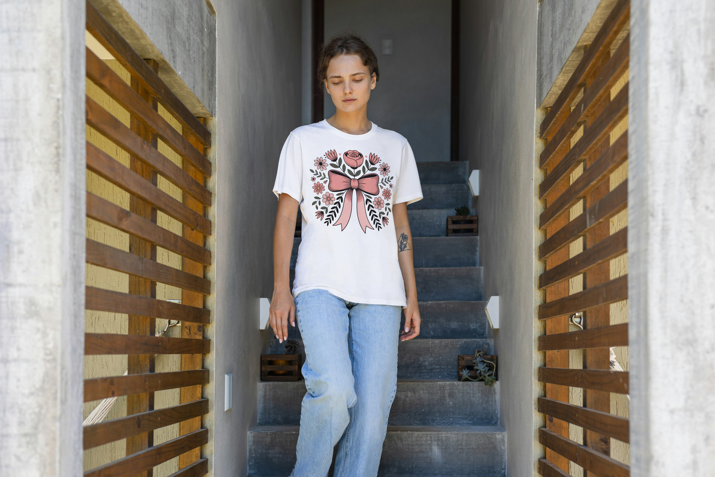 Floral Bow Tee — Pink Rose & Daisies Graphic T-Shirt