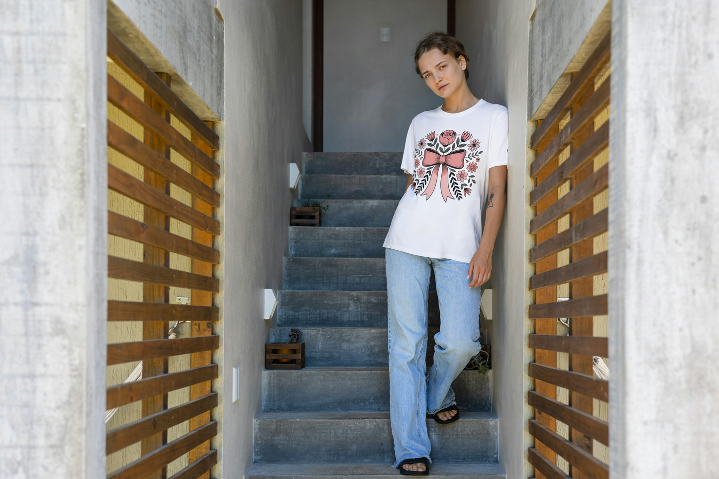 Floral Bow Tee — Pink Rose & Daisies Graphic T-Shirt